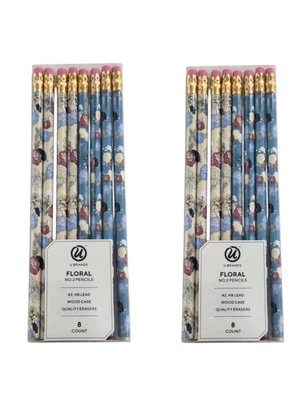 Two Packages of U Brands Floral No. 2 HB Lead Pencils with Erasers 8 Count Each